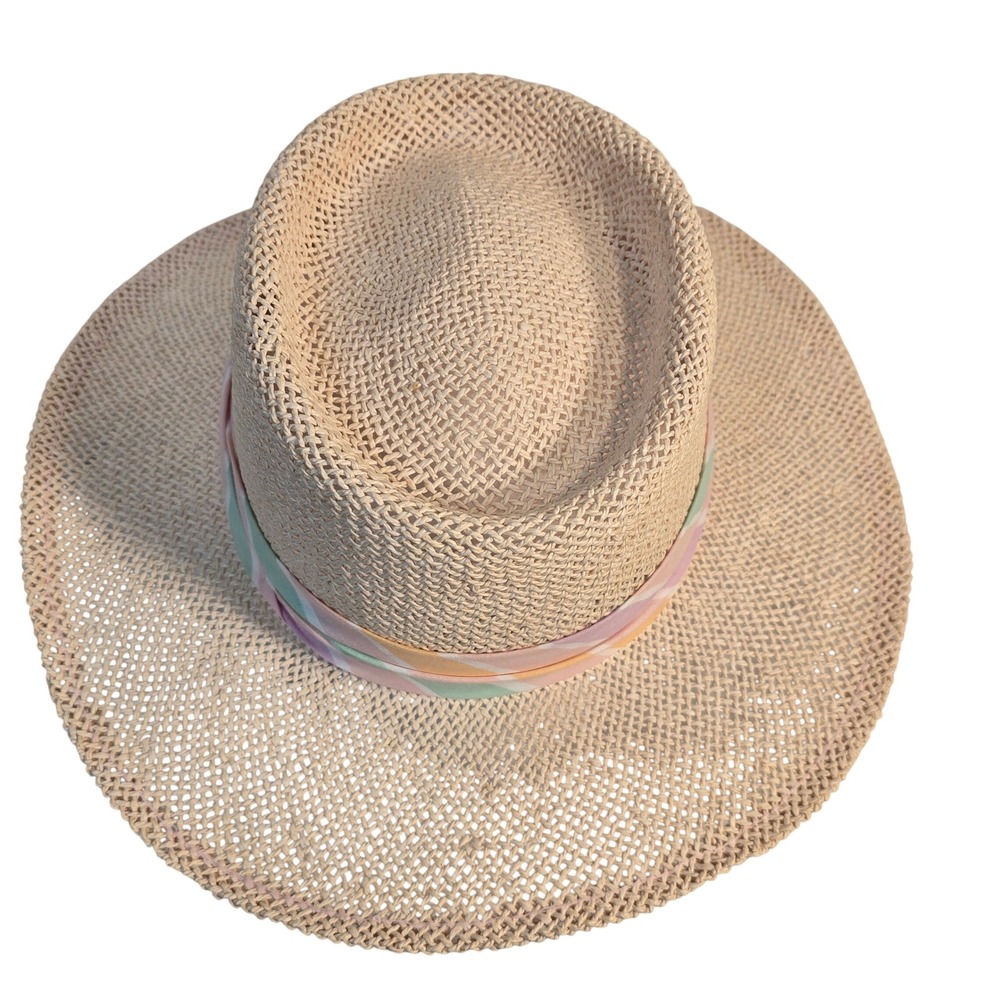 Woven Straw Sun Hat with Pastel Striped Ribbon Band Wide Brim Fedora Style - Picture 6 of 16